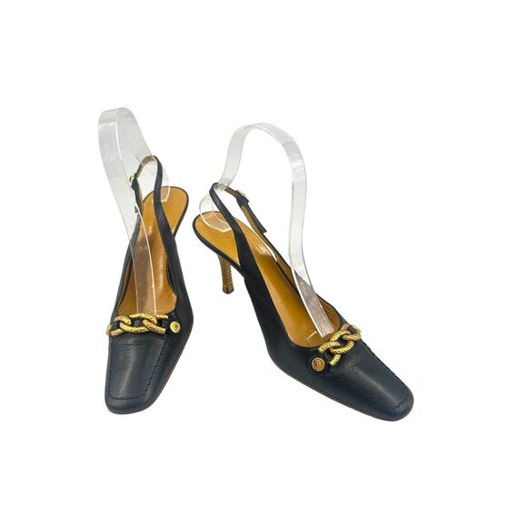 St. John Collection Italian black slingback high heels w/gold chain accents Sz 7 - Picture 1 of 16